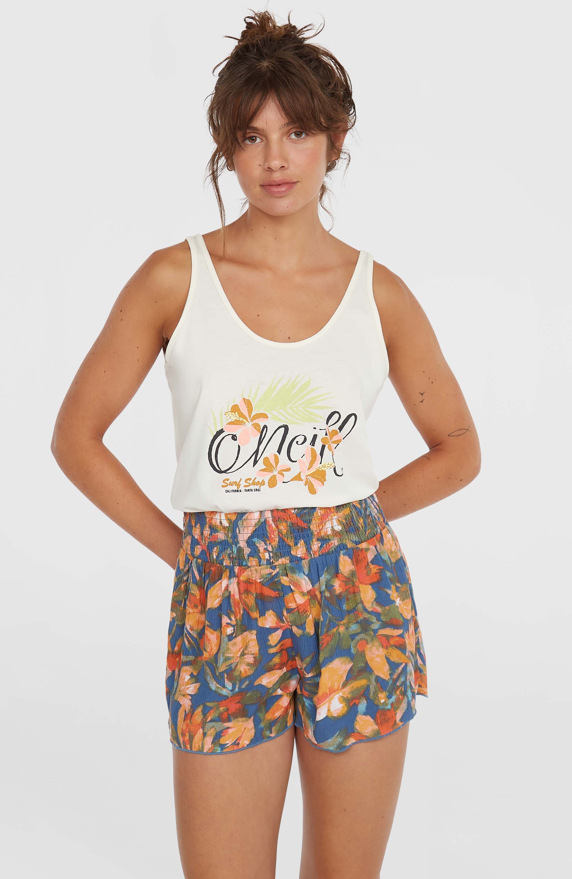 Johnny Smocked Waist Shorts Women - Blue Painted Tropics